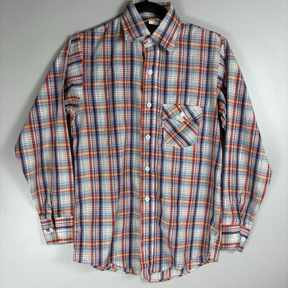 Vintage Levi's‎ Orange Batwing Multicolor Plaid Button Front Long Sleeve Shirt